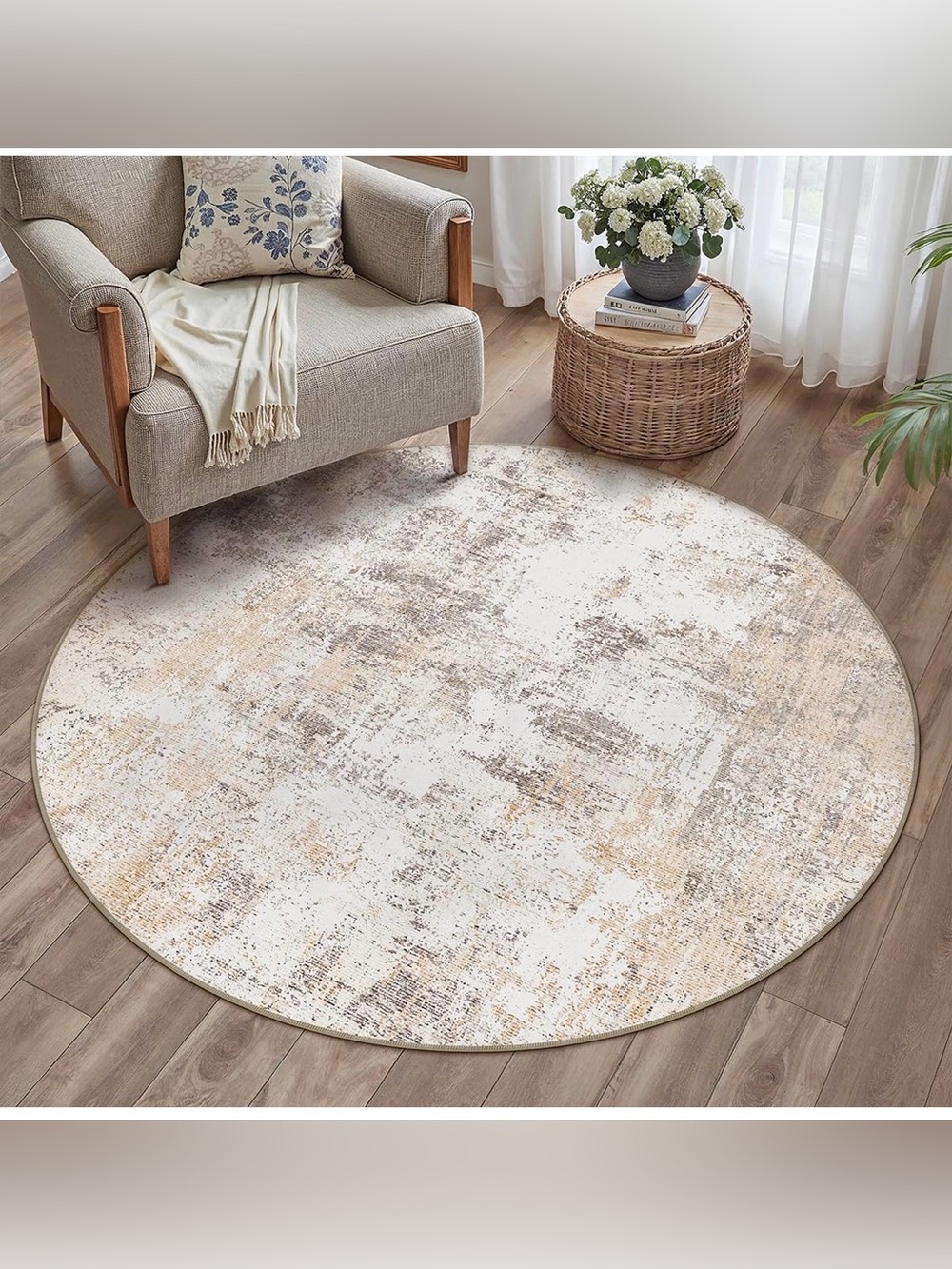 Washable Round Rug 4ft Beige/Grey